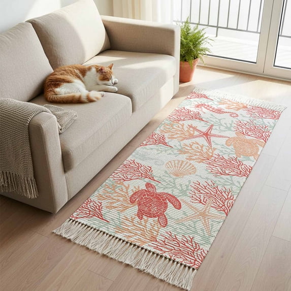 Red Orange Coastal Hallway Runner Rug 2'x5', Sea Turtle Nautical Coral Summer Beach Washable Kitchen Runner Rug with Tassels, Laundry Room Rugs Woven Cotton Carpet for Bedroom Entryway Front Door
