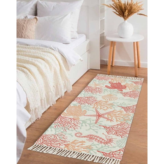 Red Orange Coastal Hallway Runner Rug 2x5ft,Sea Turtle Nautical Coral Summer Beach Washable Woven Living Room Bedroom Kitchen Bathroom Carpet with Tassels,Indoor Outdoor Throw Door Mat for Entryway