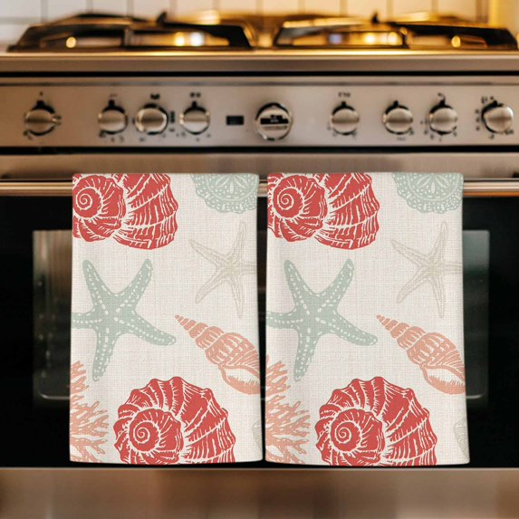 Red Orange Coastal Kitchen Towels Set of 2, Starfish Shell Coral Summer Beach Rustic Absorbent Dish Towels for Kitchen, Microfiber Hand Towel, Quick Drying Tea Towel for Cleaning Dishcloths