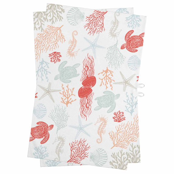 Red Orange Coastal Kitchen Towels Set of 2, Water Absorbent Dish Towel, Nautical Summer Beach Coral Sea Turtle Decorative Hand Towels - Quick Drying Cloth for Cooking Baking, 18x28 Inch