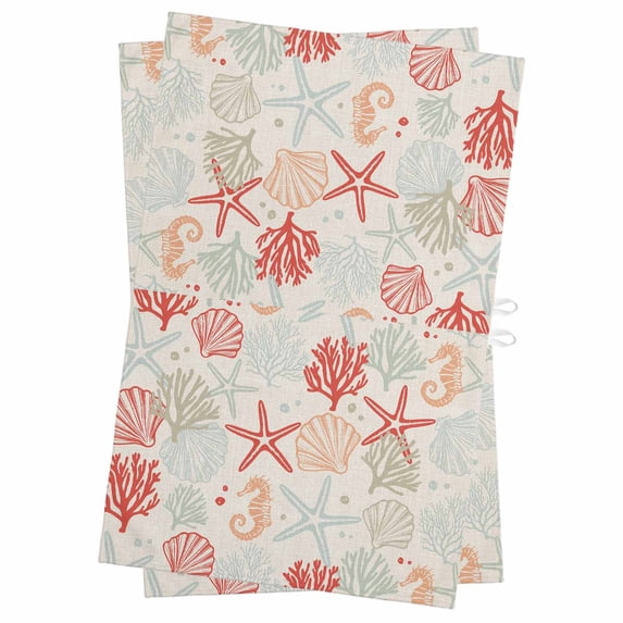 Red Orange Coastal Kitchen Towels Set of 2, Water Absorbent Dish Towel, Summer Beach Starfish Coral Nautical Rustic Decorative Hand Towels - Quick Drying Cloth for Cooking Baking, 18x28 Inch