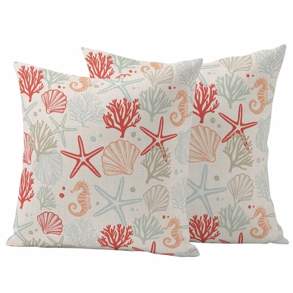 Red Orange Coastal Outdoor Waterproof Pillow Covers, Summer Beach Starfish Coral Nautical Rustic Decorative Square Throw Pillowcase Sofa Cushion Sham for Patio/Couch/Chair, 18"x18" 2 Pack
