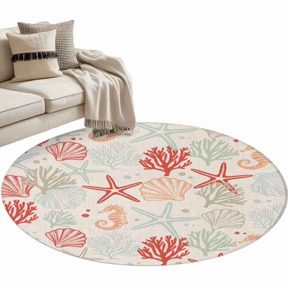 Red Orange Coastal Round Area Rug 3 FT, Small Kitchen Bathroom Mat, Summer Beach Starfish Coral Nautical Rustic Washable Indoor Outdoor Throw Runner Carpet Doormat for Table Shower Sofa Entryway
