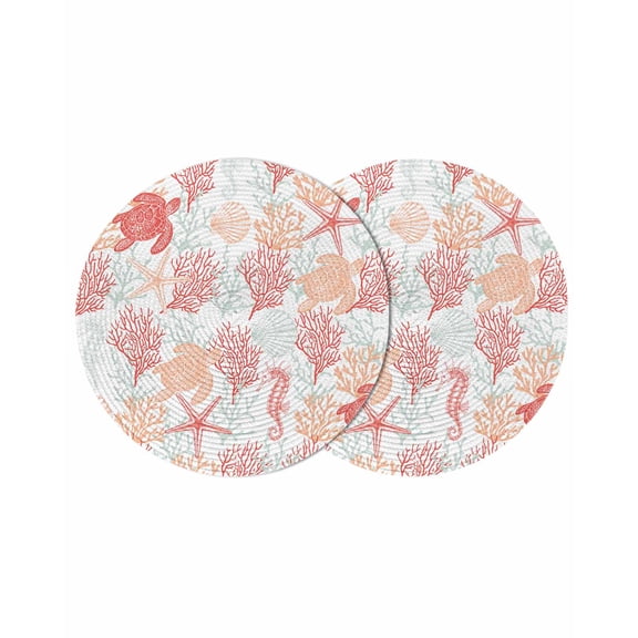Red Orange Coastal Round Placemats Set of 2, Braided Polypropylene Place Mats, Sea Turtle Nautical Coral Summer Beach Table Mats for Kitchen Dinner Holiday Wedding Party Coffee Table Decor 13"