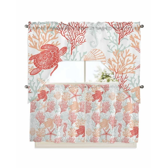 Red Orange Coastal Swag Valance and Tier Curtains 24'' Length Set, Sea Turtle Nautical Coral Summer Beach Light Filtering Kitchen Curtains, Tier Curtain Valances for Bathroom/Living Room/Bedroom/Café