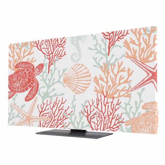 Red Orange Coastal TV Cover for 24 Inch Screen,Stretch Fabric Dustproof TV Display Protector,Sea Turtle Nautical Coral Summer Beach Elastic Slipcover Monitor Cover for Desktop Computer 20.9"x11.8"