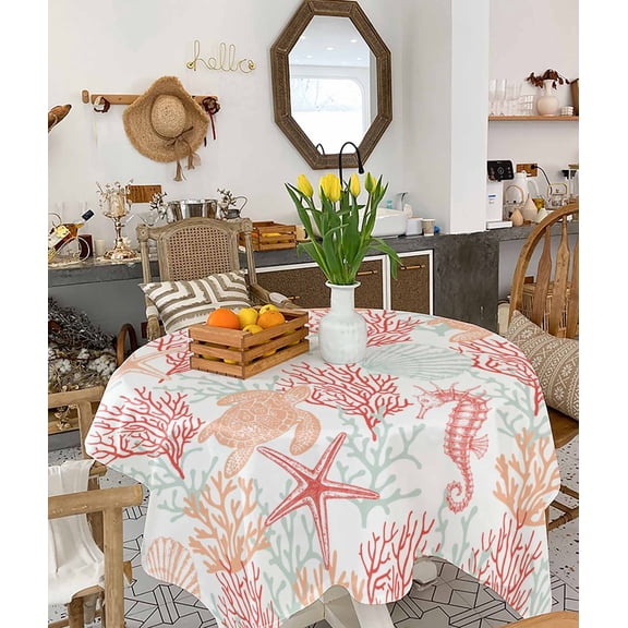 Red Orange Coastal Tablecloth Square Table Cloth 60x60 , Waterproof Tablecloth Outdoor Table Cloth, Sea Turtle Nautical Coral Summer Beach Washable Table Cover for Kitchen Dining Party