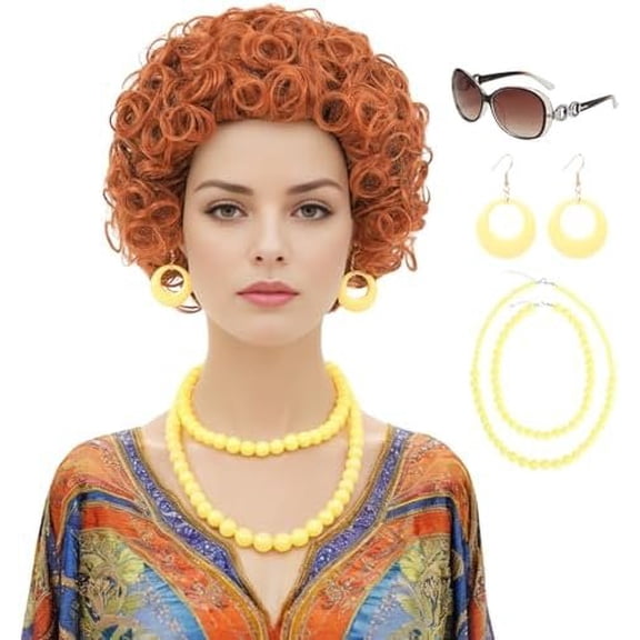 Red Orange Curly Wig for Women Costume Short Reddish Orange Synthetic Hair Wigs with Yellow Beads Necklace, Earrings, Glasses for Adults Women's  Halloween Party