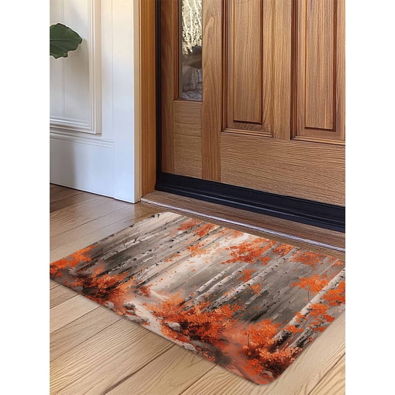 Red Orange Door Mat Indoor Outdoor Entrance, Non Slip Small Rug for Kitchen Bathroom Entryway Rug, Modern Oil Painting Art Forest Washable Doormat Floor Mat for Office Home Decor 16x24 Inch