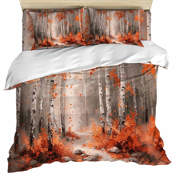 Red Orange Duvet Cover Set, Modern Oil Painting Art Forest Soft Duvet Cover Queen Size Bedding Set 4 Pieces, 1 Quiltcover and 2 Pillowcases with Zipper, 1 Bed Sheet for All Seasons