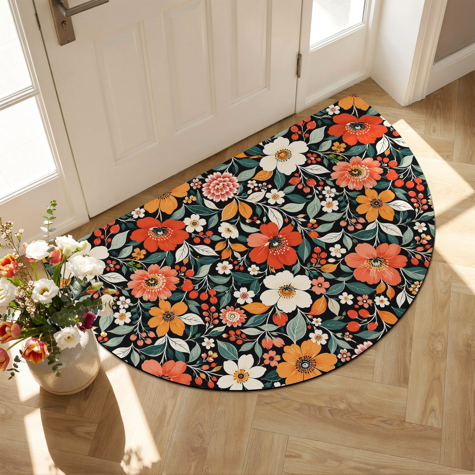 Red Orange Floral Diatomaceous Earth Bath Mat, Rustic Poppy Blooms ...
