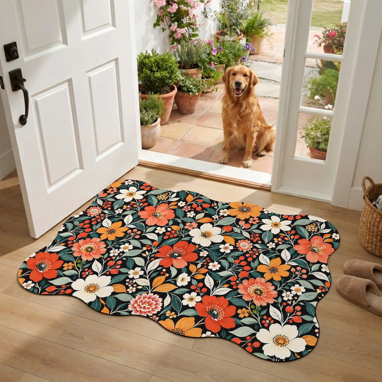 Red Orange Floral Diatomaceous Earth Bath Mat, Rustic Poppy Blooms ...