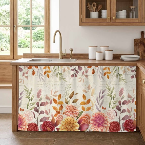 Red Orange Floral Fall Cabinet Curtain 28"Wx51"L,Dustproof Storage Cabinet Curtain with Self Adhesive Tape,Thanksgiving Eucalyptus Leaves Autumn Tall Pantry Cover Drape for Kitchen,Utility Closet