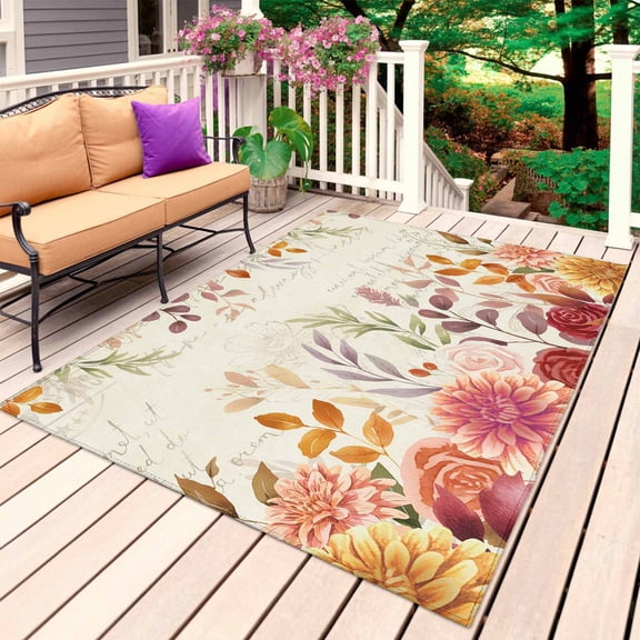 Red Orange Floral Fall Outdoor Rug for Patio/Deck/Porch, Non-Slip Large Area Rug 6 x 9 Ft, Thanksgiving Eucalyptus Leaves Autumn Indoor Outdoor Rugs Washable Area Rugs, Camping Rug Carpet Runner