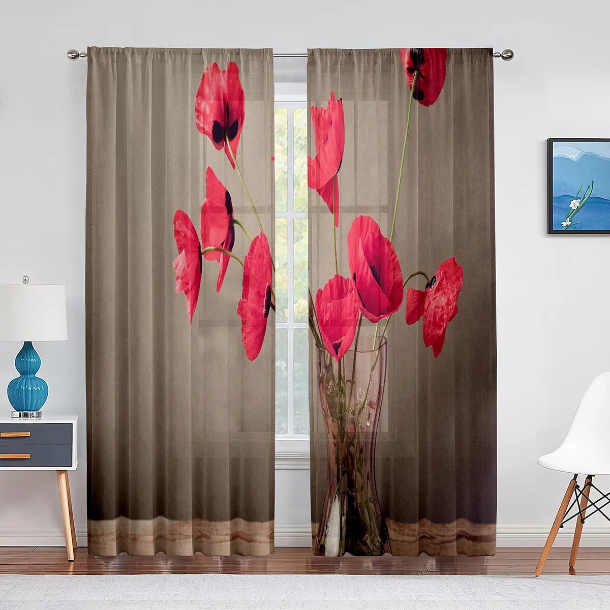 Red Orange Floral Sheer Voile Curtain Poppy Flower Painting Window ...