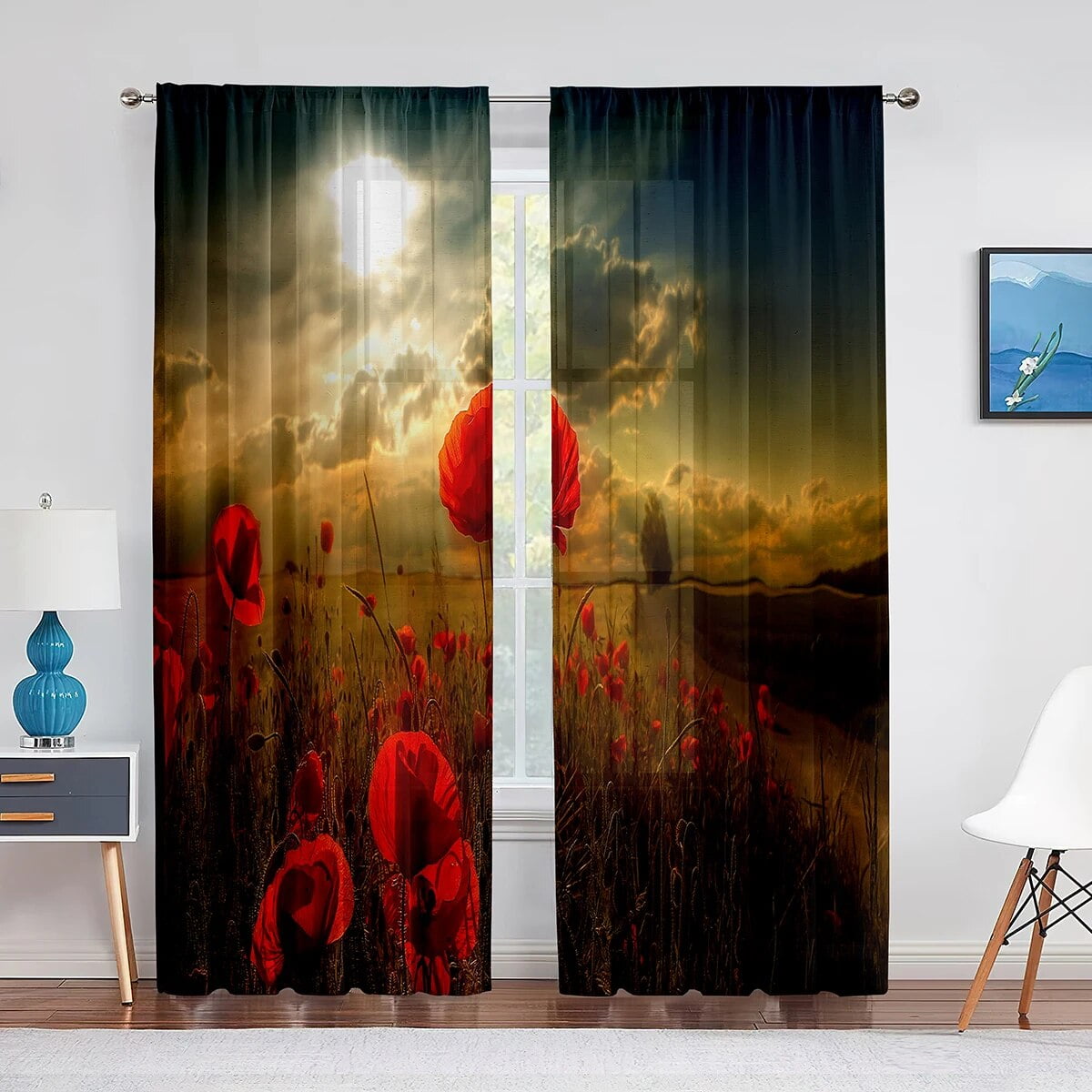 Red Orange Floral Sheer Voile Curtain Poppy Flower Painting Window ...