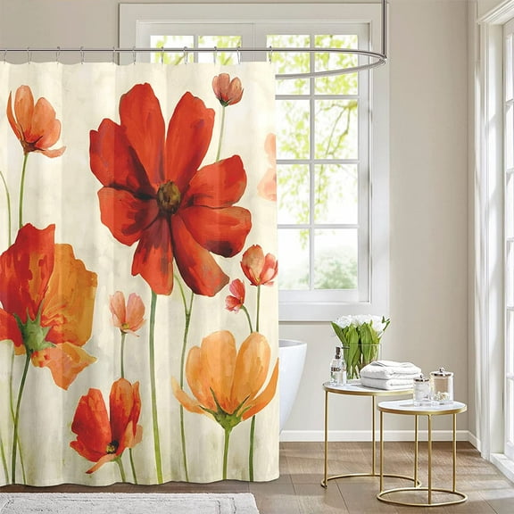 Red Orange Floral Shower Curtain Vintage Poppy Flower Decorative Shower Curtains Shabby Chic Poppies Oil Painting Plant for Farmhouse Bathroom Bathtubs Hotel with 12 Plastic Hooks 72X72 Inches