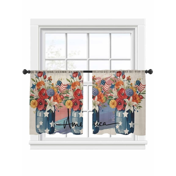 Red Orange Flower Sheer Curtains 2 Panels Set, Independence Day U.S. Flag America Watercolor Light Filtering Rod Pocket Voile Drapes, Window Sheer Curtains for Living Room/Bedroom, 52'' W x 45'' L