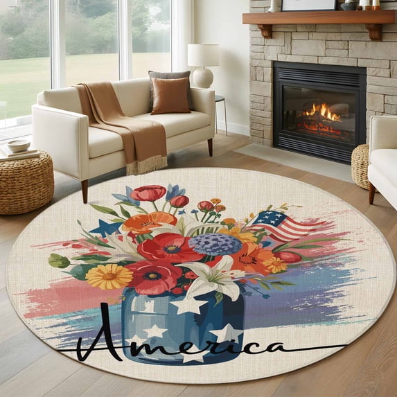 Red Orange Flower Washable Round Area Rug 8 ft, Independence Day U.S. Flag America Watercolor, Soft Non Slip Rugs Stain Repellent Indoor Felt Carpet for Living Dining Room Bedroom Home Office
