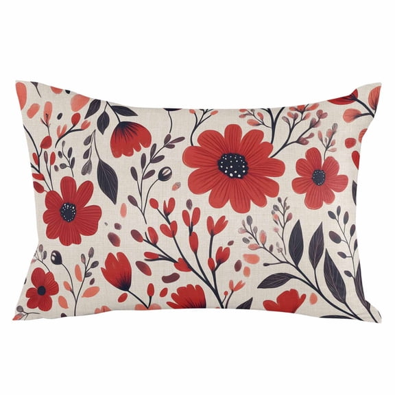 Red Orange Flowers Throw Pillow Cover 16 x 24 Inch Decorative Pillow Cover Botanical Summer Floral Retro Lumbar Pillowcase Seasonal Rectangle Cushion Case for Couch Sofa Bed Living Room