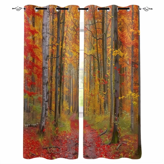 Red Orange Forest Fall Blackout Curtains 45 Inches Long for Bedroom, Thanksgiving Tree Maple Leaf Thermal Insulated Room Darkening Black Out Window Curtain Panels Grommet Drapes for Living Room