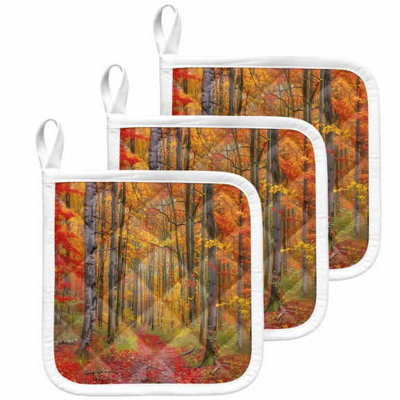 Red Orange Forest Fall Pot Holders for Kitchen Heatproof Potholder, 3 Pack Thanksgiving Tree Maple Leaf Hot Pads Multipurpose Oven Pads Cloth Potholders Trivet for Cooking Baking