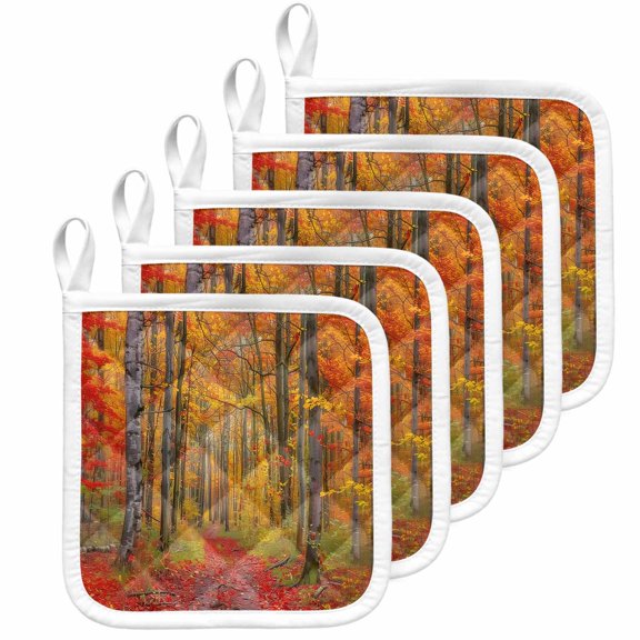 Red Orange Forest Fall Pot Holders for Kitchen Heatproof Potholder, 5 Pack Thanksgiving Tree Maple Leaf Hot Pads Multipurpose Oven Pads Cloth Potholders Trivet for Cooking Baking