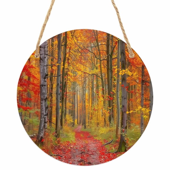 Red Orange Forest Fall Round Front Door Welcome Sign, 7.8 Inch Wall Hanging Decor for Indoor Outdoor, Thanksgiving Tree Maple Leaf Home Porch Hanger Decorations for Holiday Gift