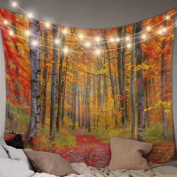 Red Orange Forest Fall Small Tapestry for Bedroom Wall Hanging Tapestry, Thanksgiving Tree Maple Leaf Ceiling Backdrop Tapestries Poster Blanket Wall Decor for Teens Room Living Room Dorm 23" x 28"