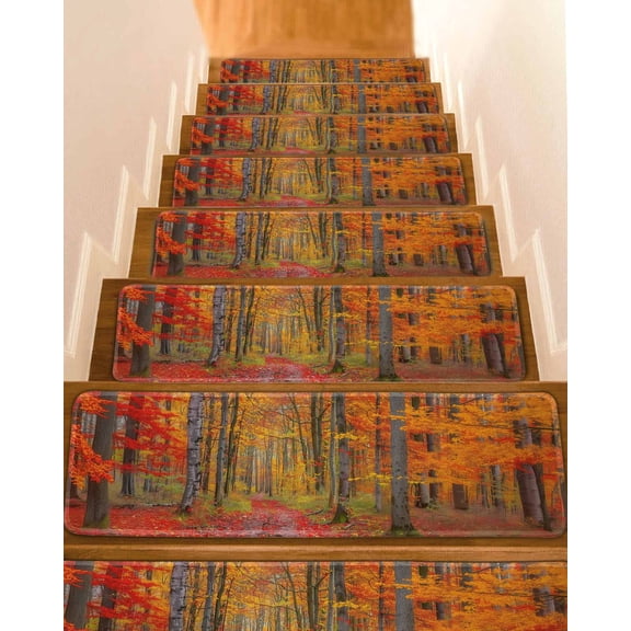 Red Orange Forest Fall Stair Treads for Wooden Steps Indoor Runner Rug Carpet, Thanksgiving Tree Maple Leaf 4 Pieces Peel and Stick Staircase Step Treads Covers Washable Throw Door Mats, 30"x8"