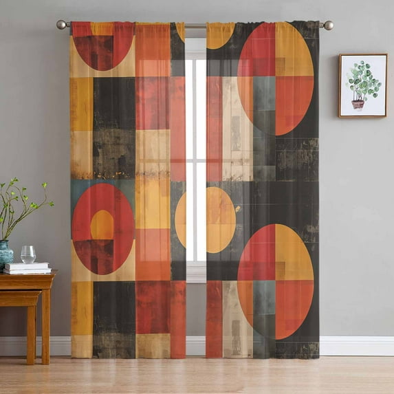 Red Orange Geometric Sheer Curtains 96 Inches Long 2 Panels Set, Window Sheer Curtains for Living Room/Bedroom, Vintage Oil Painting Abstract Art Light Filtering Rod Pocket Curtain 52'' x 96'' x 2