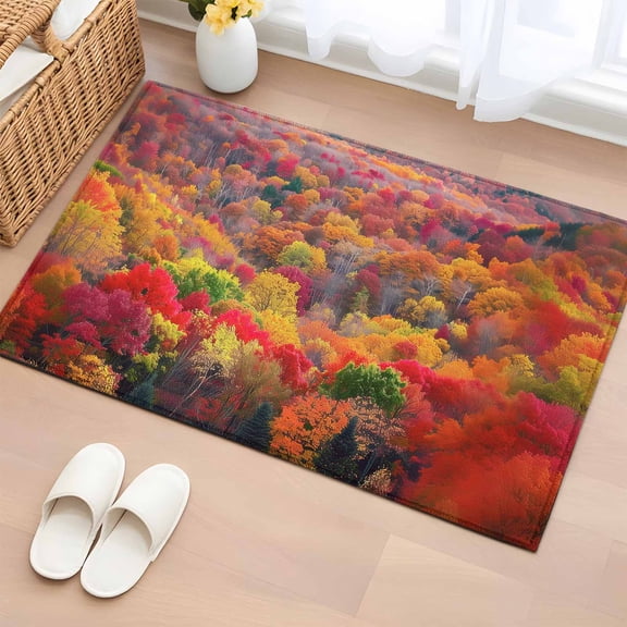 Red Orange Green Forest Bathroom Mats 2x3 FT,Non Slip Small Kitchen Mat,Fall Botanical Tree Maple Leaf Washable Soft Backed Front Door Throw Rugs Non-Shedding Indoor Outdoor Doormat for Entryway Sink
