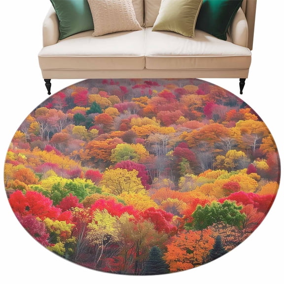 Red Orange Green Forest Large Area Rugs for Bedroom Living Room, Soft Non Slip Carpet Bedside Rug, Fall Botanical Tree Maple Leaf Round Floor Cover Kitchen Accent Rug 7' for Dining Room/Office
