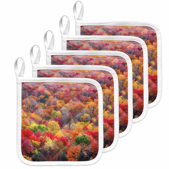 Red Orange Green Forest Pot Holders for Kitchen Heatproof Potholder, 5 Pack Fall Botanical Tree Maple Leaf Hot Pads Multipurpose Oven Pads Cloth Potholders Trivet for Cooking Baking