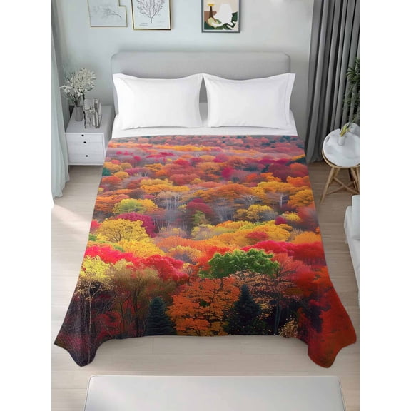 Red Orange Green Forest Queen Size Flat Sheet, Wrinkleproof & Fadeproof Cooling Flat Bed Sheet Only, Fall Botanical Tree Maple Leaf Breathable Soft Bedding Top Sheets 90 x 102 Inches
