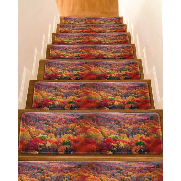Red Orange Green Forest Stair Treads for Wooden Steps Indoor Runner Rug Carpet, Fall Botanical Tree Maple Leaf 7 Pieces Peel and Stick Staircase Step Treads Covers Washable Throw Door Mats, 30"x8"