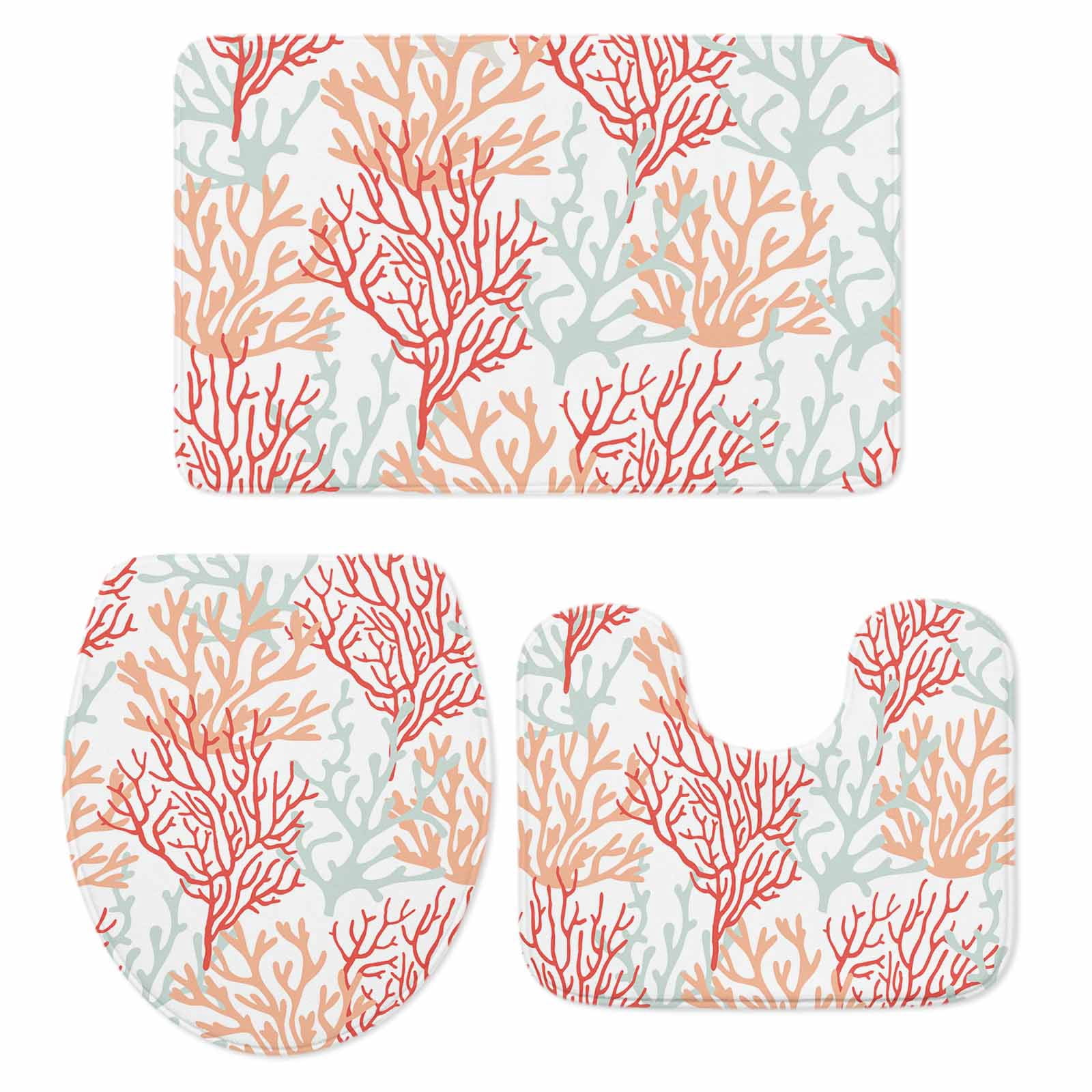 Red Orange Grey Coral Coastal Bath Mat 3 Piece Bathroom Rug Set, Summer Beach Seaside Nautical Non Slip Bath Rug Contour Mat and Toilet Lid Cover, Absorbent Shower Mats Soft Bath Rugs and Mats Sets
