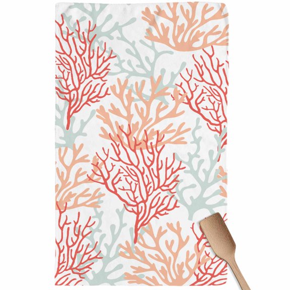 Red Orange Grey Coral Coastal Kitchen Towel Dish Cloths Set of 1, Microfiber Soft Kitchen Hand Towels, Summer Beach Seaside Nautical Absorbent Quick Drying Dishcloths 18 x 28 Inches