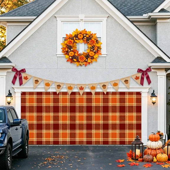 Red Orange Grid Garage Door Banner Covers, Fall Minimalist Fall Plaid Stripes Vintage Country Large Hanging Indoor/Outdoor Backdrop Background for Christmas Winter Party Decor, 6.9x16ft