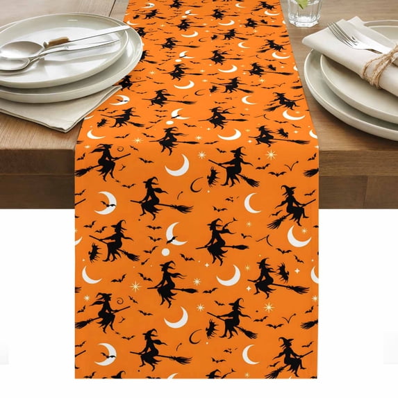 Red Orange Halloween Table Runner - 70 Inch Long, Kitchen Dining Table Runner Dresser Scarves, Flying Witch Bats Moon Farmhouse Decor for Coffee Tables Wedding Party Banquet