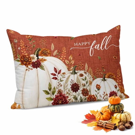 Red Orange Hello Fall Throw Pillow Covers,Pumpkin Thanksgiving Botanical Floral Soft Breathable Pillow Cases with Invisible Zipper for Sleeping,Small Pillowcases for Couch Bed Sofa Chair 16x24 Inches