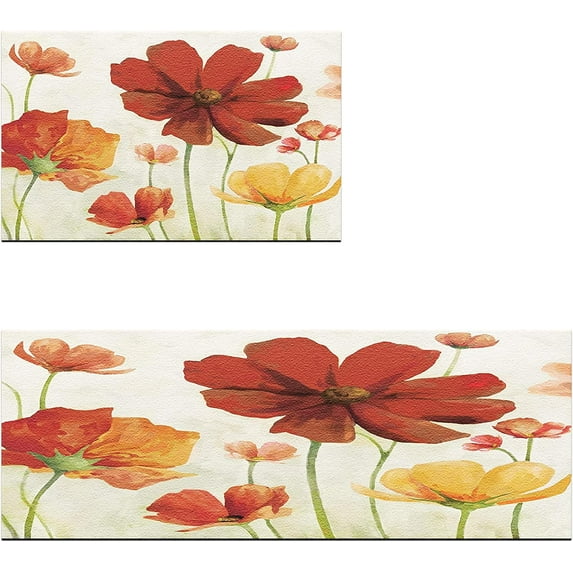 Red Orange Kitchen Rugs Set of 2 Anti-Fatigue Cushioned Floor Mats Poppy Floral Non Slip Waterproof Comfort Standing Poppies Flower Rugs Decor for Office Laundry Room 17.3 x 28+17.3 x 47 Inches
