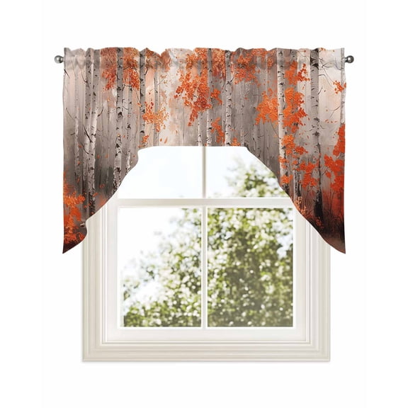 Red Orange Kitchen Swag Valance for Window, Rod Pocket Short Kitchen Curtains&nbsp;36 Inch Length, Modern Oil Painting Art Forest Swag Topper Small Window Treatment for Cafe Bathroom Bedroom