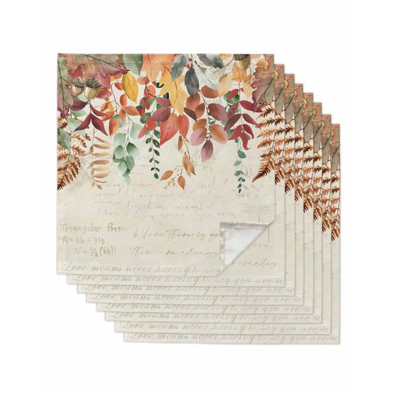 Red Orange Leaf Fall Cloth Napkins Set of 8 Reusable Dinner Napkins, Autumn Eucalyptus Leaves Vintage Cocktail Napkin Washable Table Napkins for Wedding/Holiday Party/Baby Shower 20"x20"