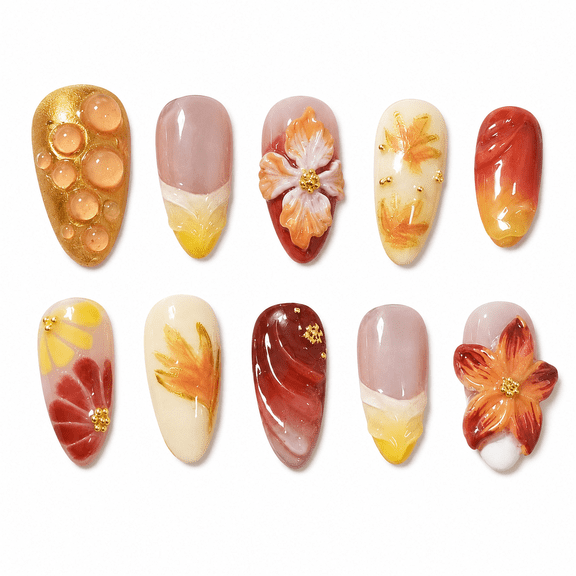 Red Orange Maple Leaf Press on Nails, Short Almond Glossy Fake Nails with French Tip, 30 Count