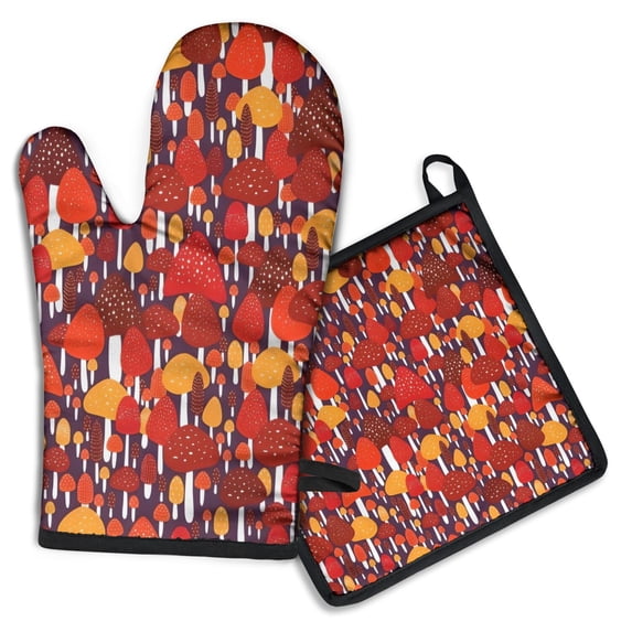 Red Orange Mushroom Pattern Kitchen Oven Mitt and Pot Holder Sets 2 Pcs for Baking, Cooking and Grilling, Heat Resistant Up To 392 °F