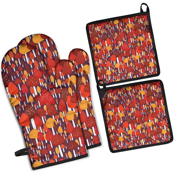 Red Orange Mushroom Pattern Kitchen Oven Mitt and Pot Holder Sets 4 Pcs for Baking, Cooking and Grilling, Heat Resistant Up To 392 °F