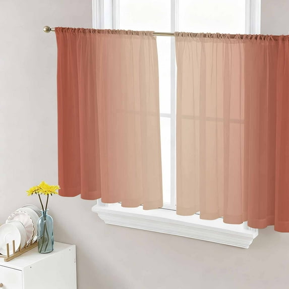 Red Orange Ombre Semi Sheer Curtains 45 Inch Length 2 Panels Set, Modern Gradient Abstract Art Sheer Kitchen Curtain Privacy Voile Window Curtain for Living Room Bedroom Rod Pocket Drapes