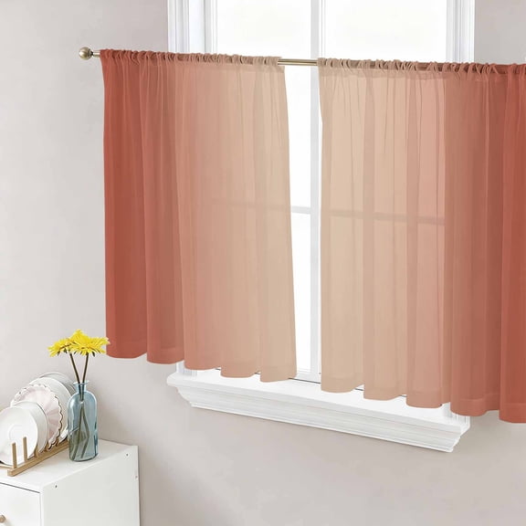 Red Orange Ombre Semi Sheer Window Curtains 54 Inches Long, Modern Gradient Abstract Art Rod Pocket Voile Silky Chiffon Curtain Light Filtering Drapes for Living Room, Kitchen, 52"x54", 2 Panels