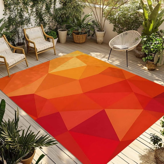 Red Orange Outdoor Rug 5x8 Ft - Reversible Patio Rug Outdoor Camping Rugs, Modern Abstract Ombre Geometric Aesthetic Washable Indoor Outdoor Area Rugs, Non-Slip Outdoor Carpet Runner for Deck/Porch